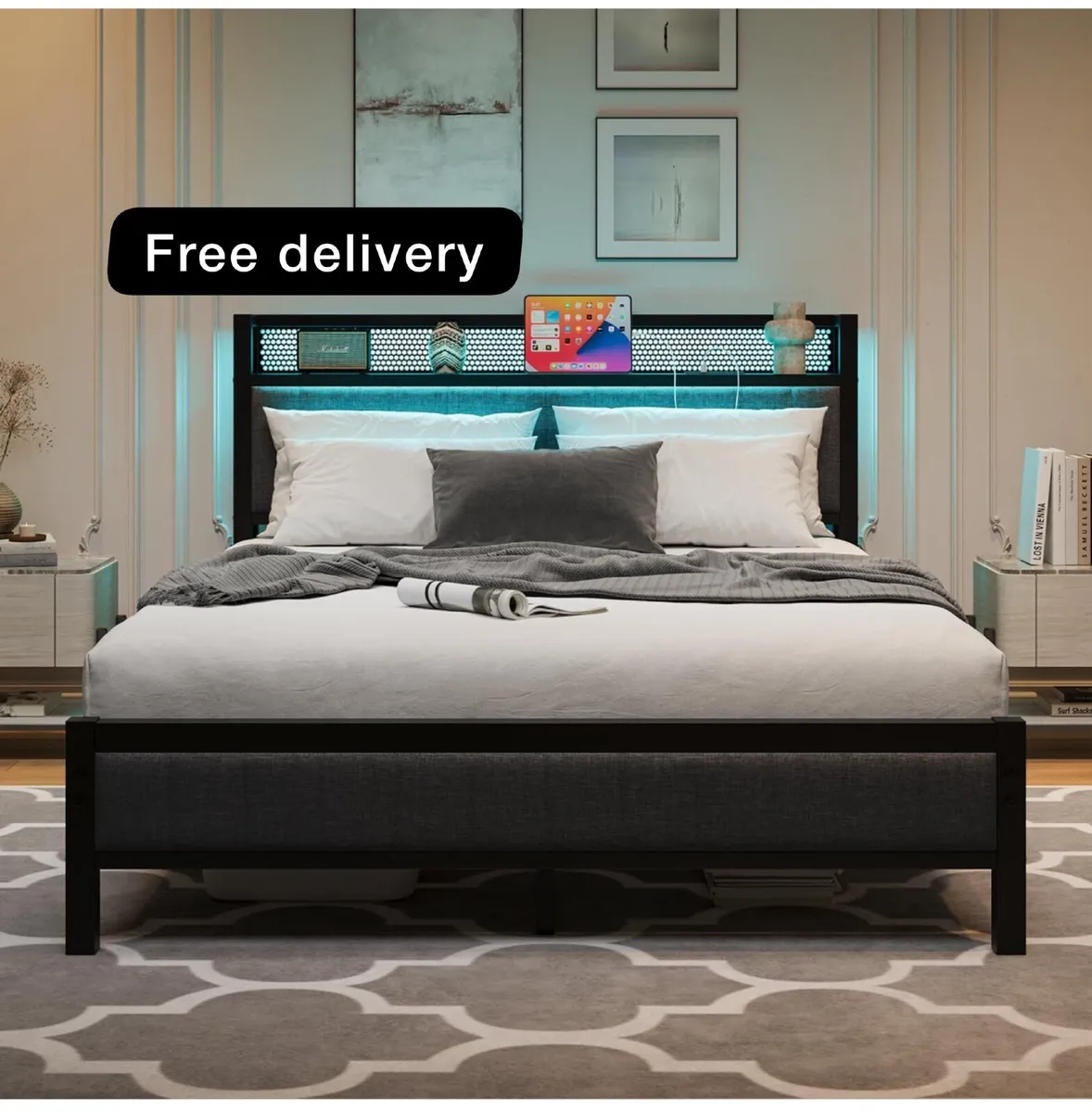4ft6 Upholstered Bed Frame Double Bed with Chargin - Image 1