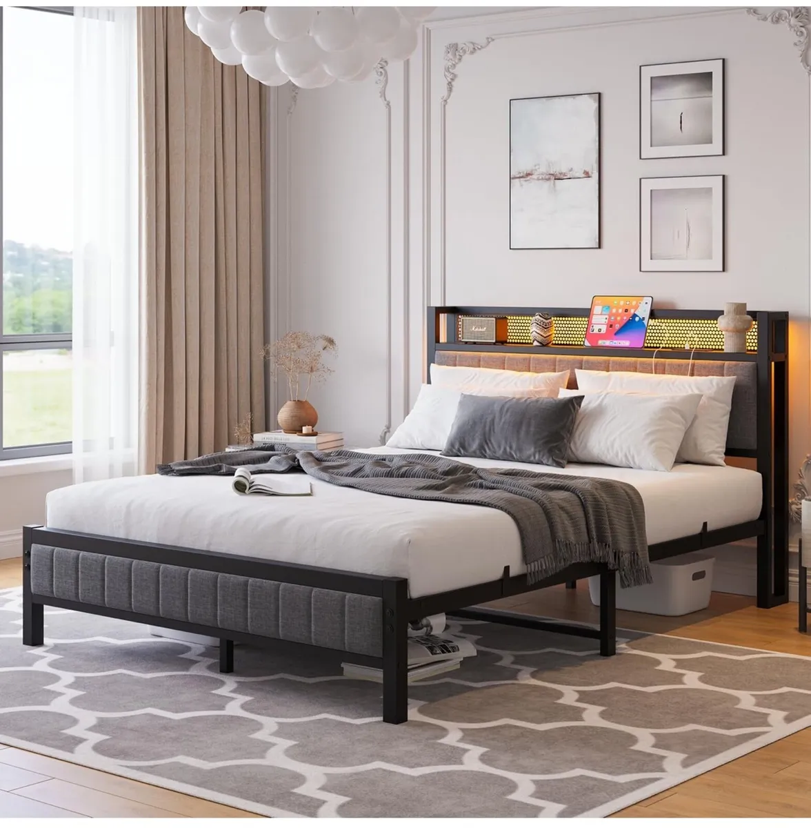 4ft6 Upholstered Bed Frame Double Bed with Chargin - Image 1