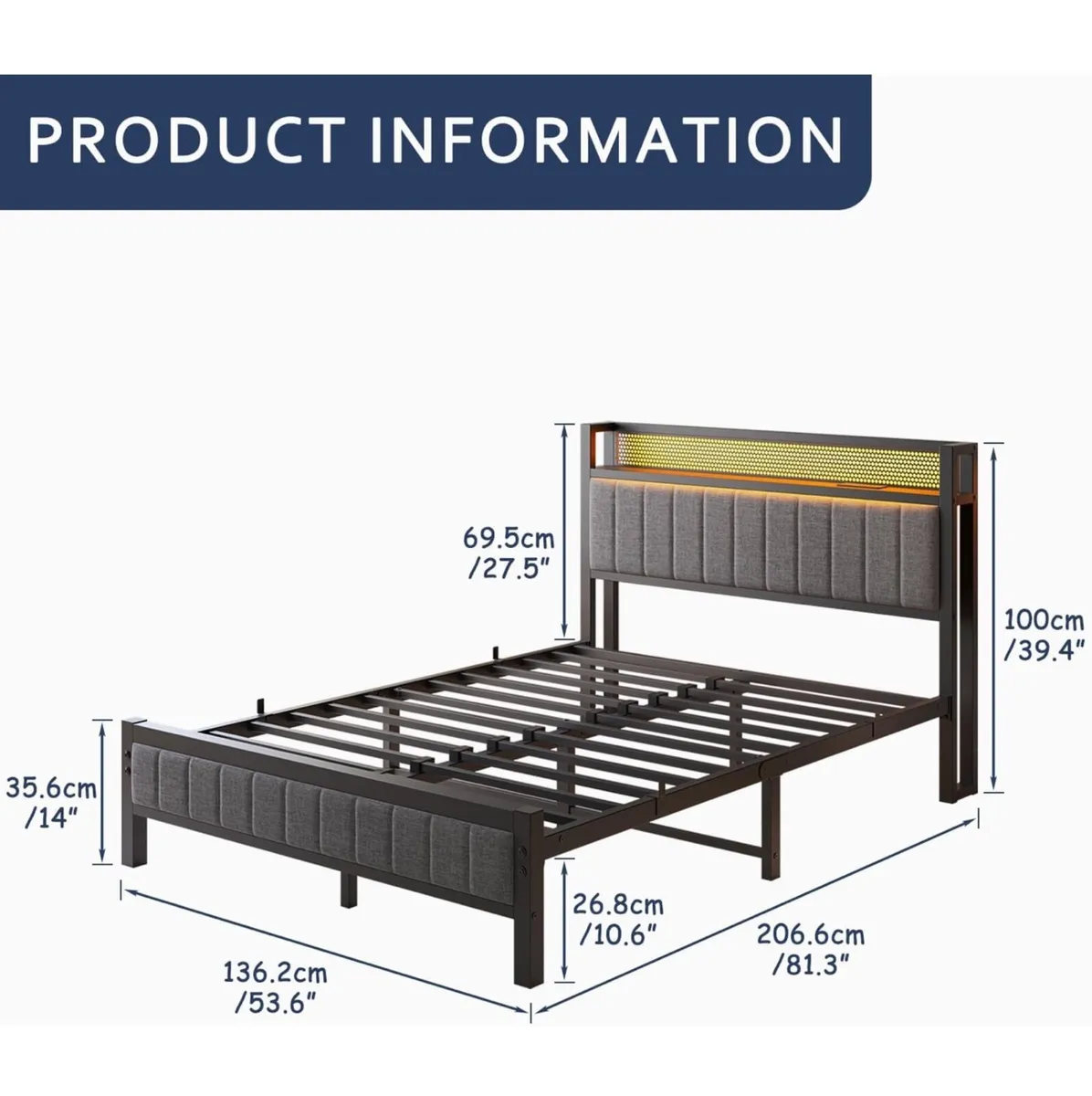 4ft6 Upholstered Bed Frame Double Bed with Chargin - Image 4