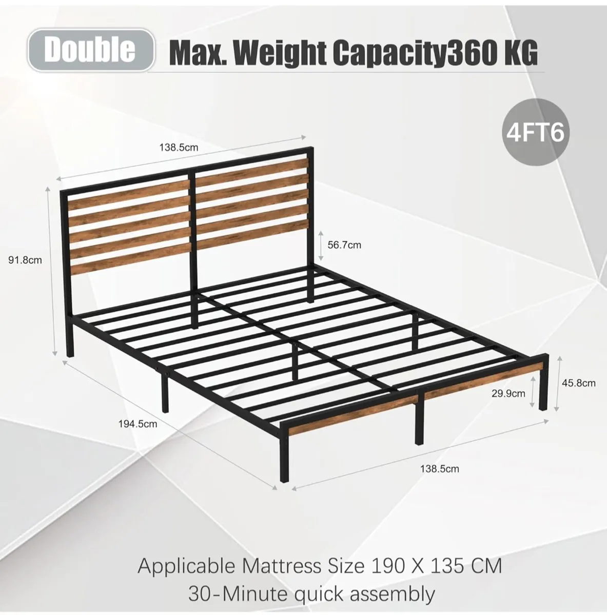 Double Bed Frame, Vintage Wooden Headboard, Metal - Image 2