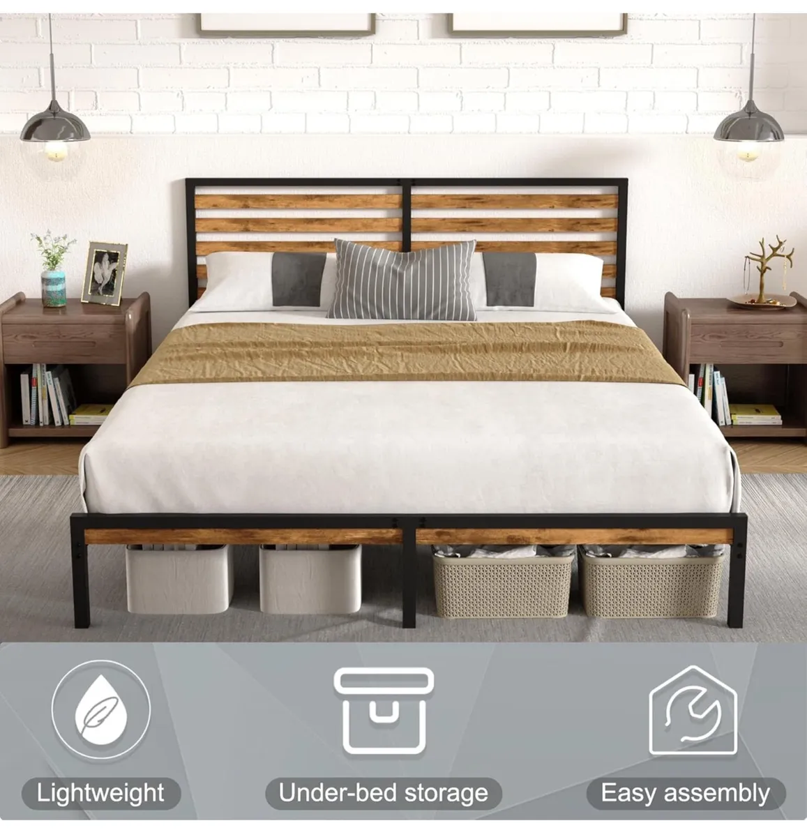 Double Bed Frame, Vintage Wooden Headboard, Metal - Image 1