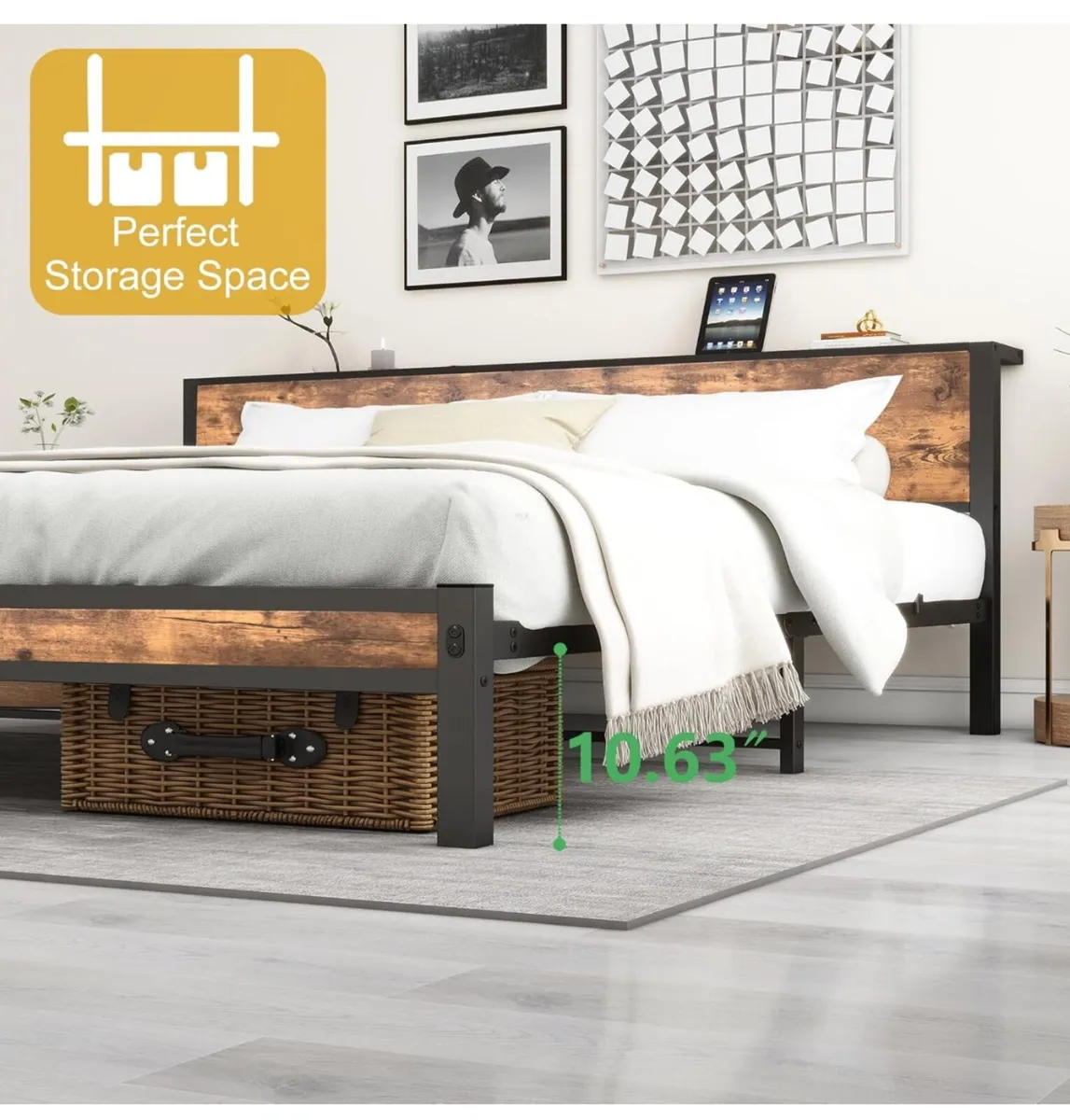 Double Bed Frame with Wooden Storage Shelf Headboa - Image 3