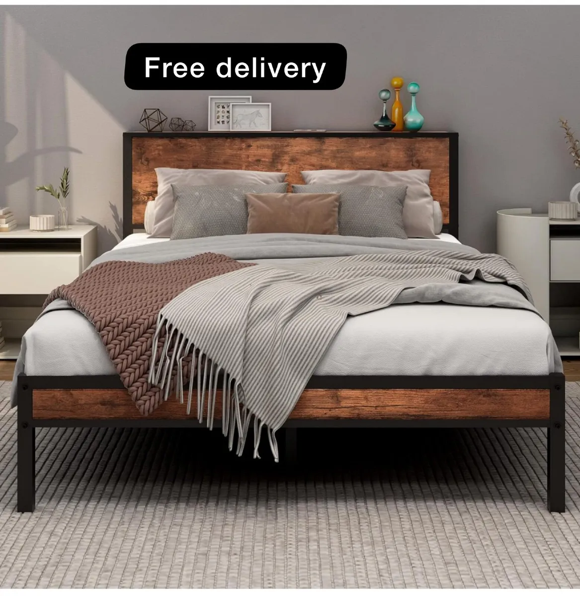 Double Bed Frame with Wooden Storage Shelf Headboa - Image 1