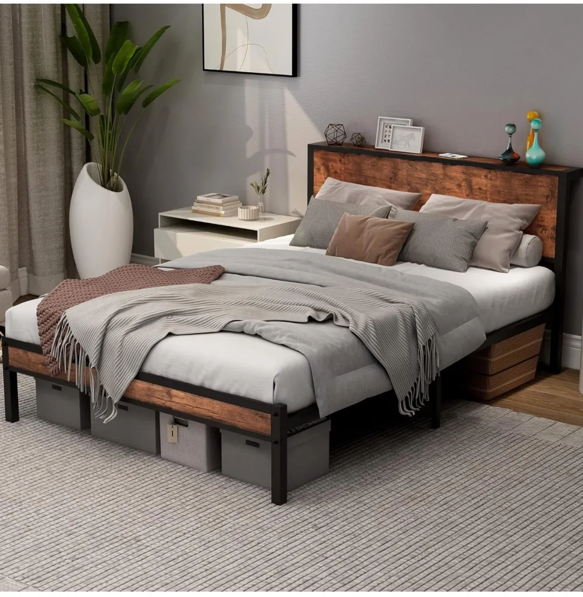 Double Bed Frame with Wooden Storage Shelf Headboa - Image 1