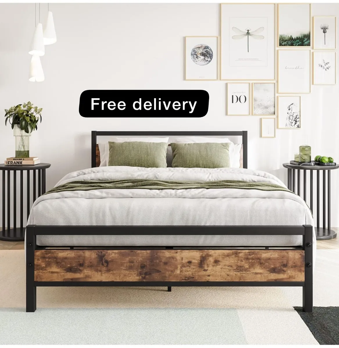 Double Bed Frames with Wood Headboard - Image 1