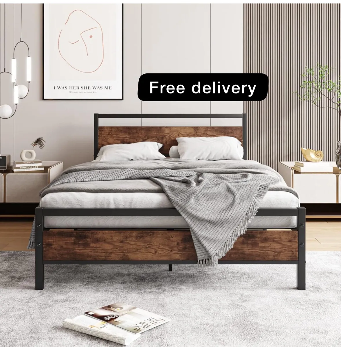 Double Bed Frame with Wooden Headboard - Image 1