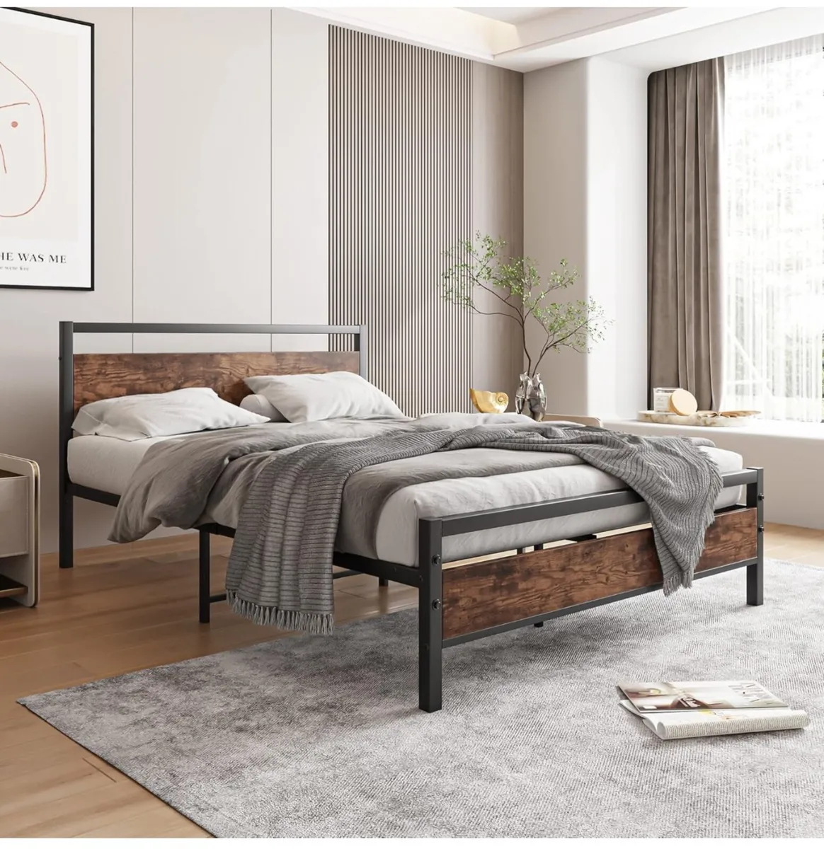 Double Bed Frame with Wooden Headboard - Image 1