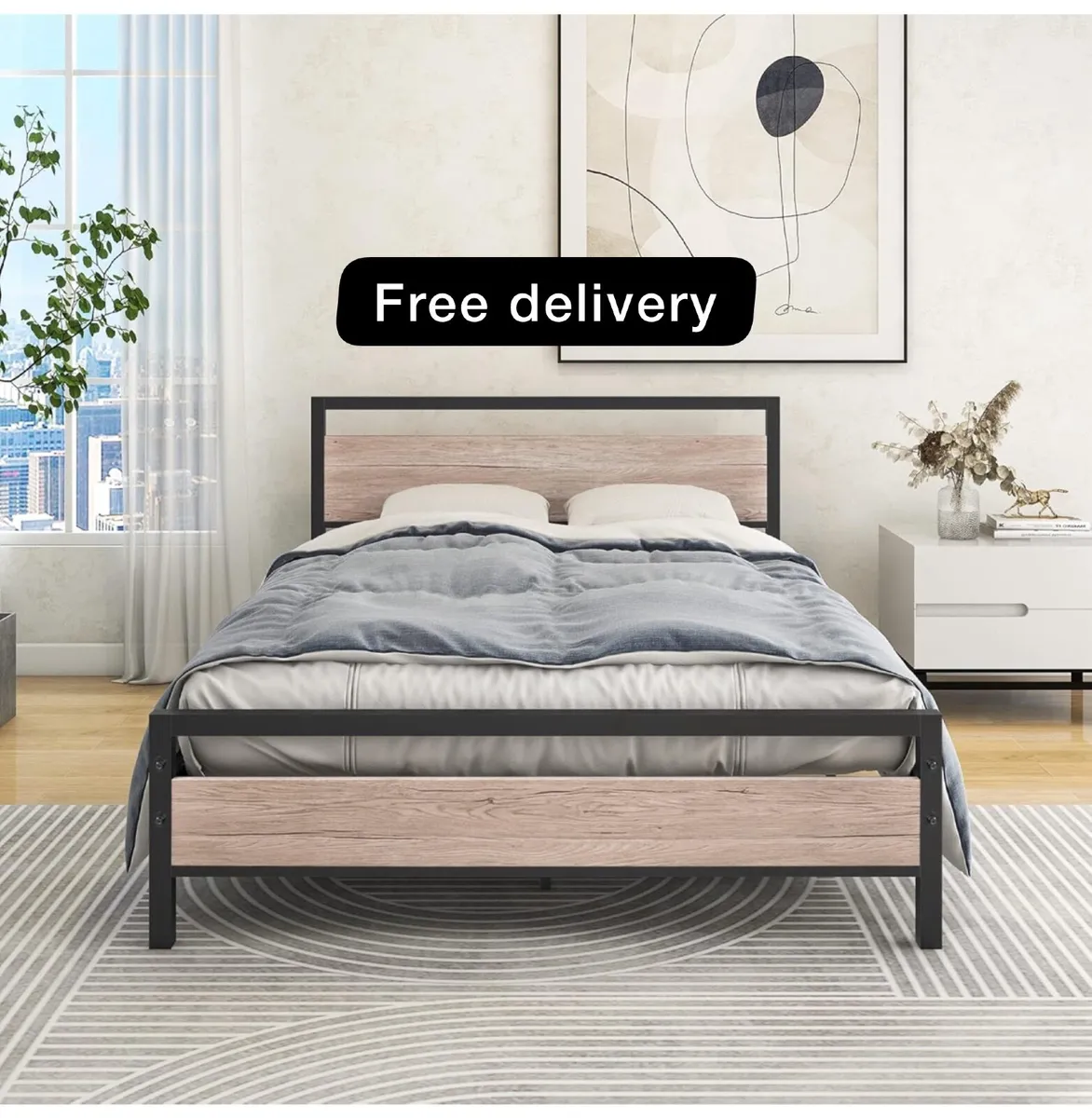 King Size Bed Frame with Wood Headboard - Image 1