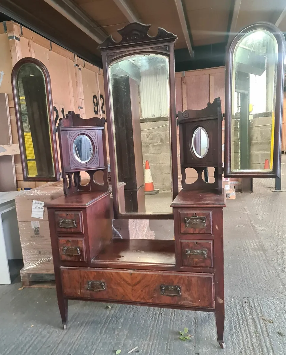 Antique Wooden Dressing Table with Triple Mirror - Image 1