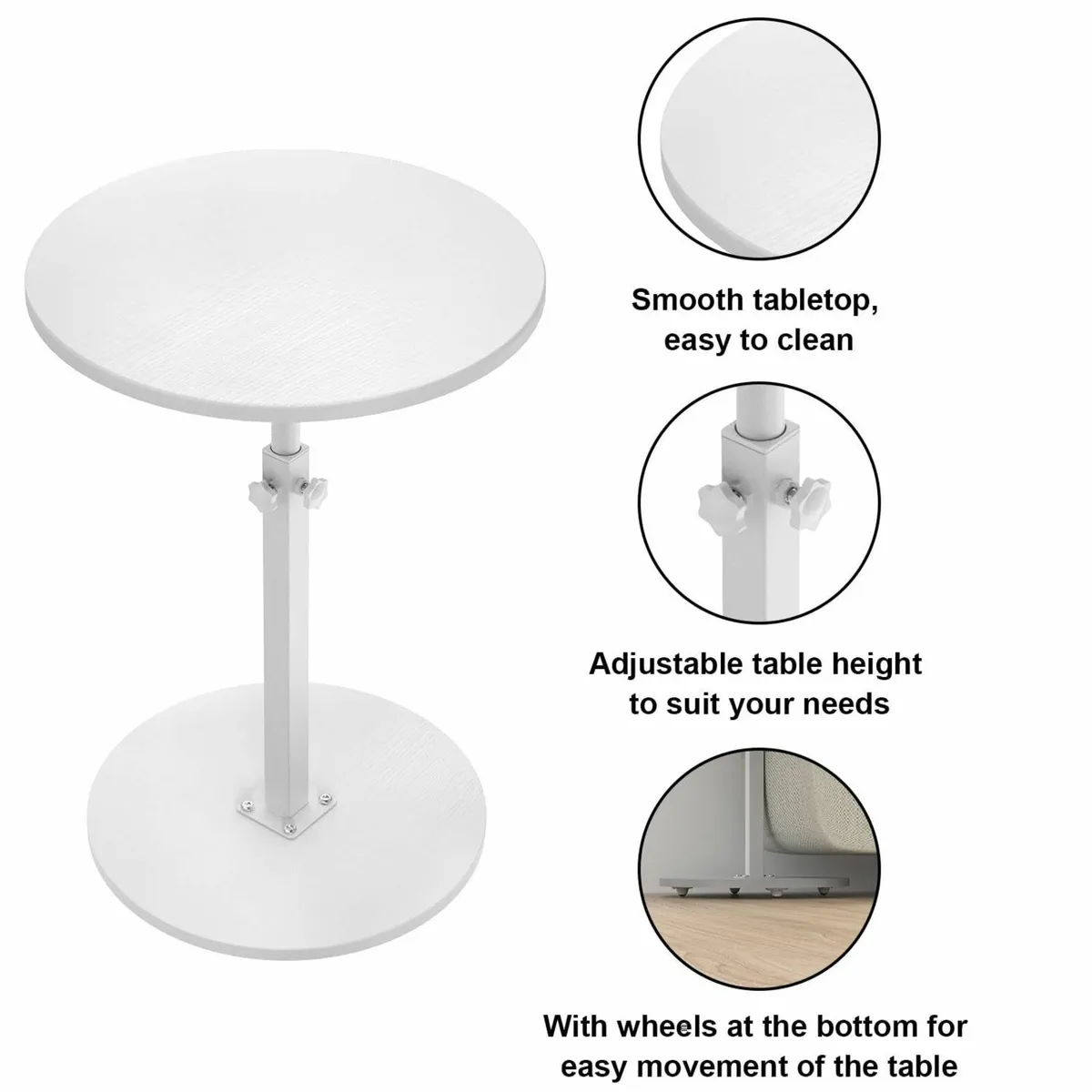 Side Table Wheels, End Table, Height Adjustable - Image 3