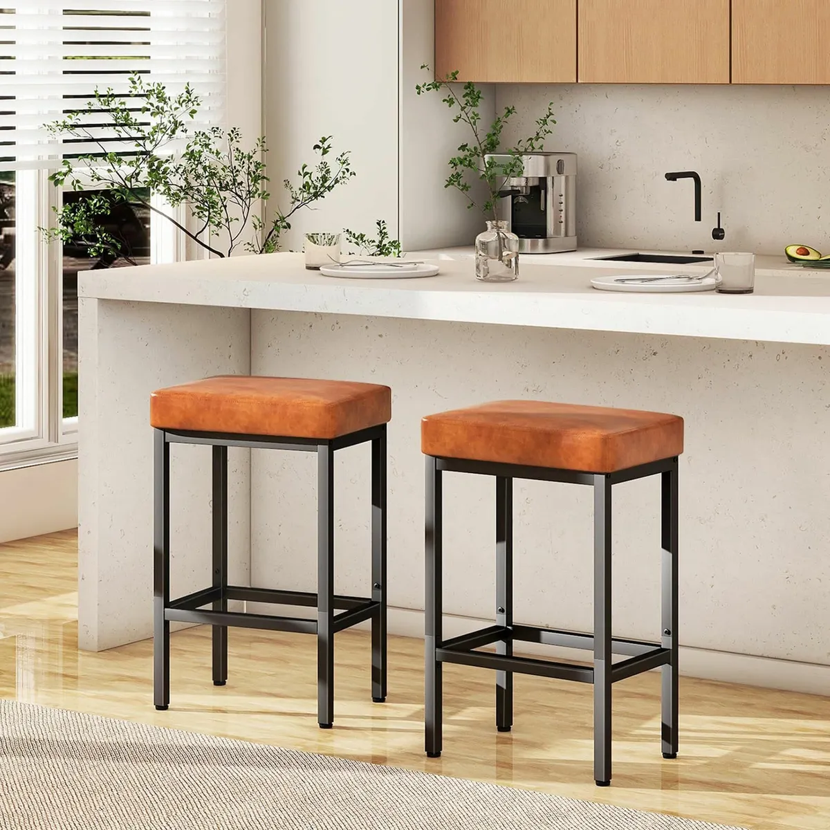 Bar Stools Set of 2 Caramel Brown Leather Kitchen - Image 1