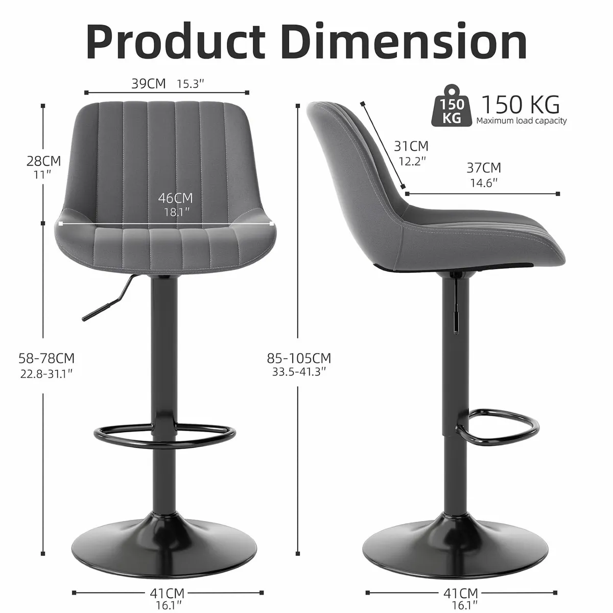 Bar Stools Set of 2, Swivel Counter PU Leather - Image 3