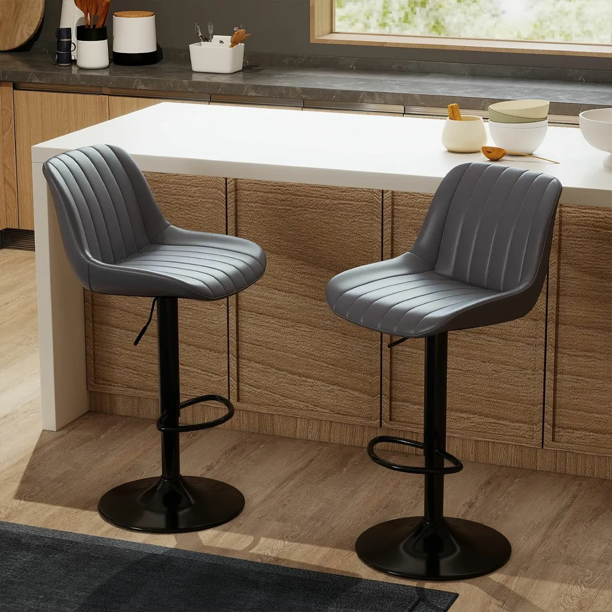 Bar Stools Set of 2, Swivel Counter PU Leather - Image 1