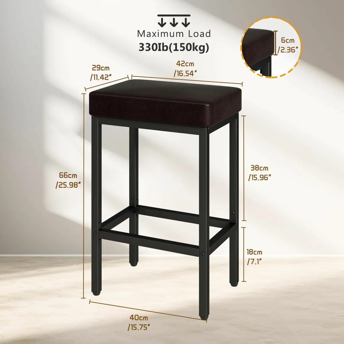 Set of 2 Bar Stools, Dark Brown Breakfast Kitchen - Image 3