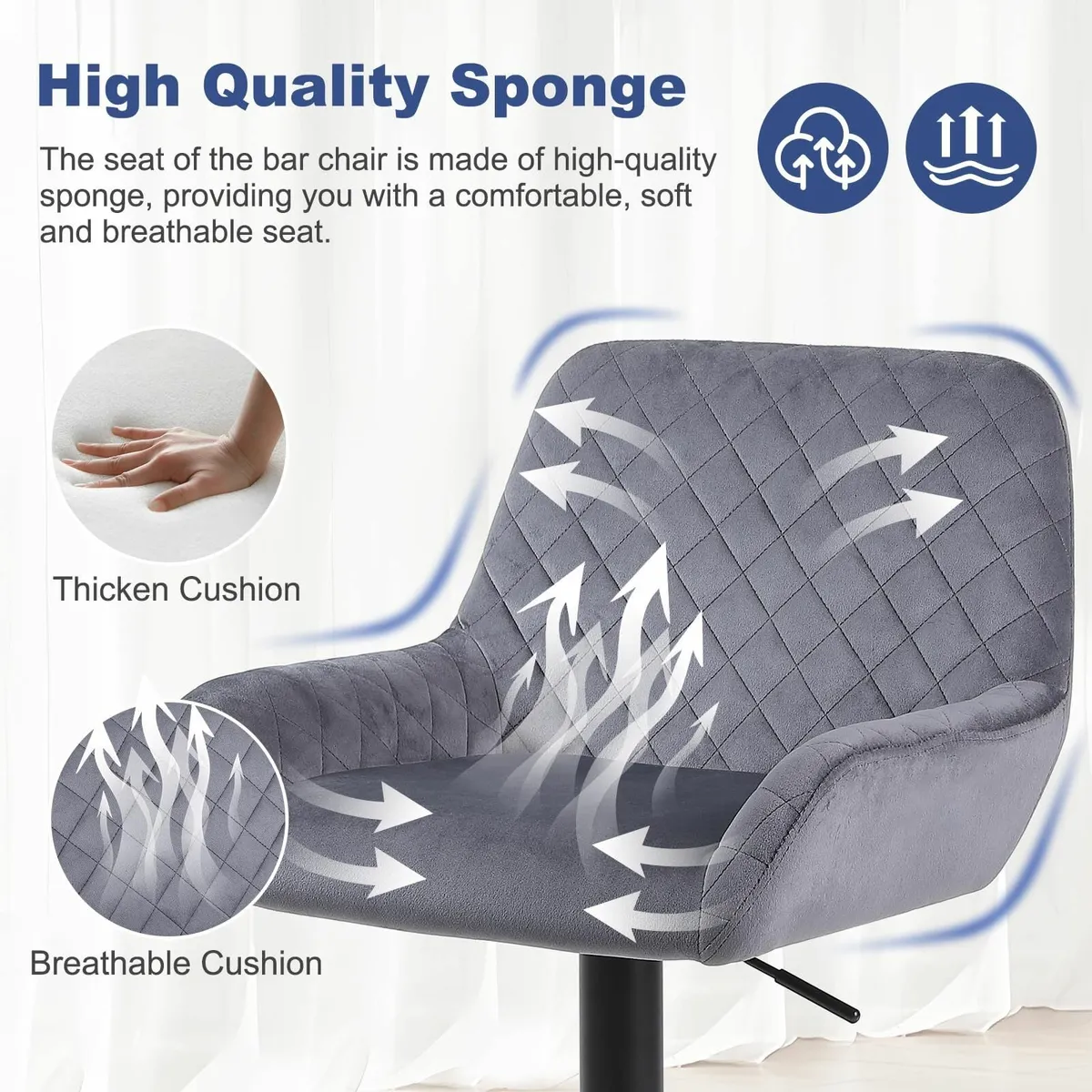 Bar Stools Set of 2 Adjustable Velvet Fabric - Image 3