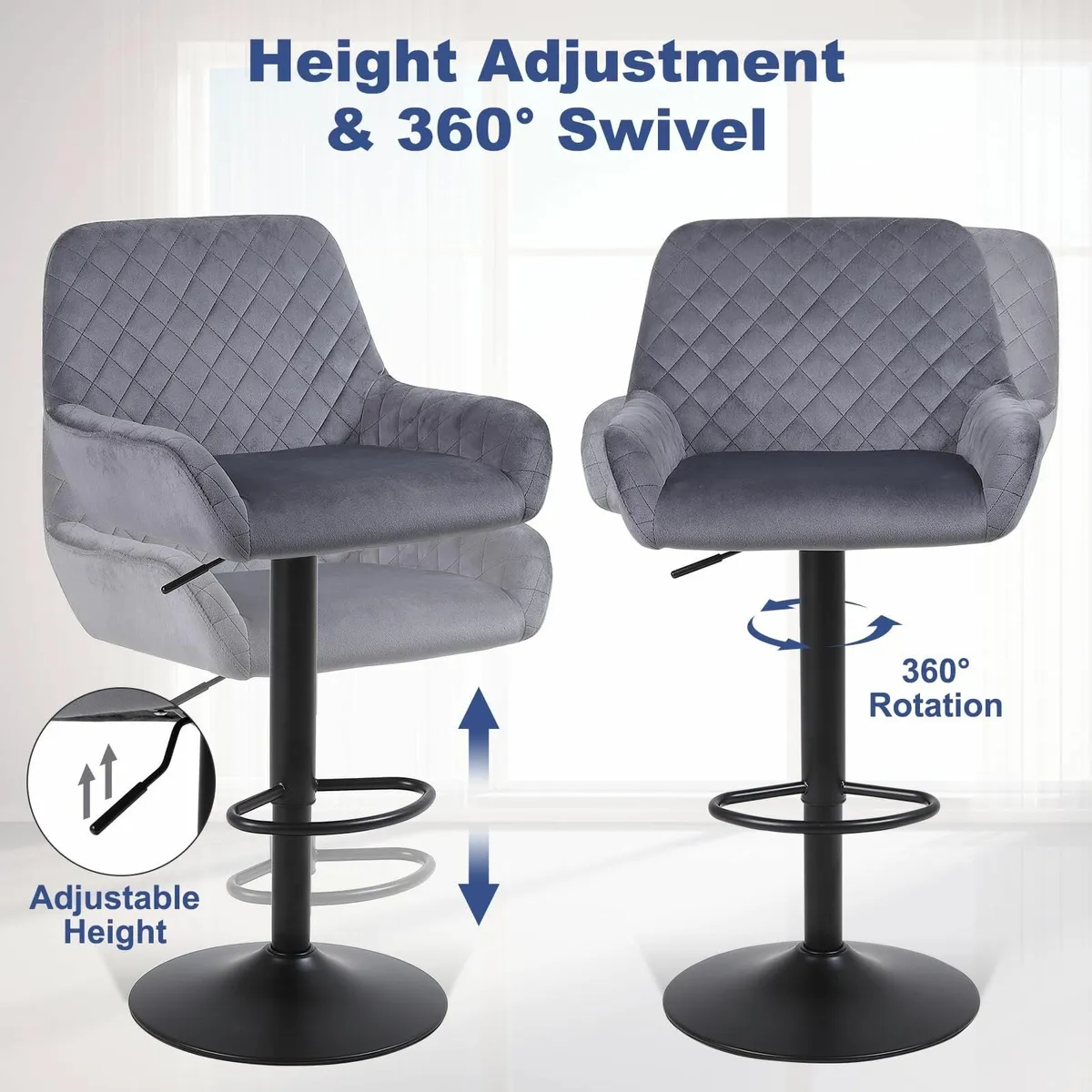 Bar Stools Set of 2 Adjustable Velvet Fabric - Image 4