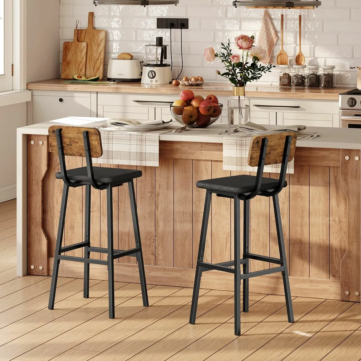 Bar Stools Set of 2, PU Upholstered Breakfast - Image 2