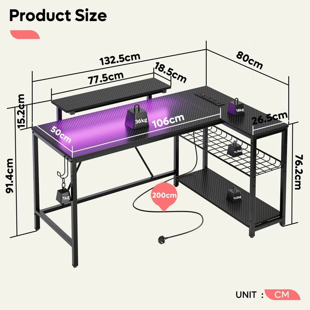 132.5CM L-Shaped Workstation with Carbon Fibre - Image 3