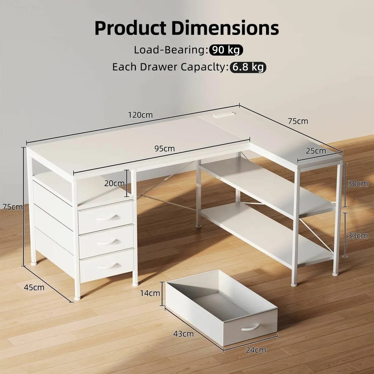 120cm Corner Desk with Drawers Reversible L - Image 3