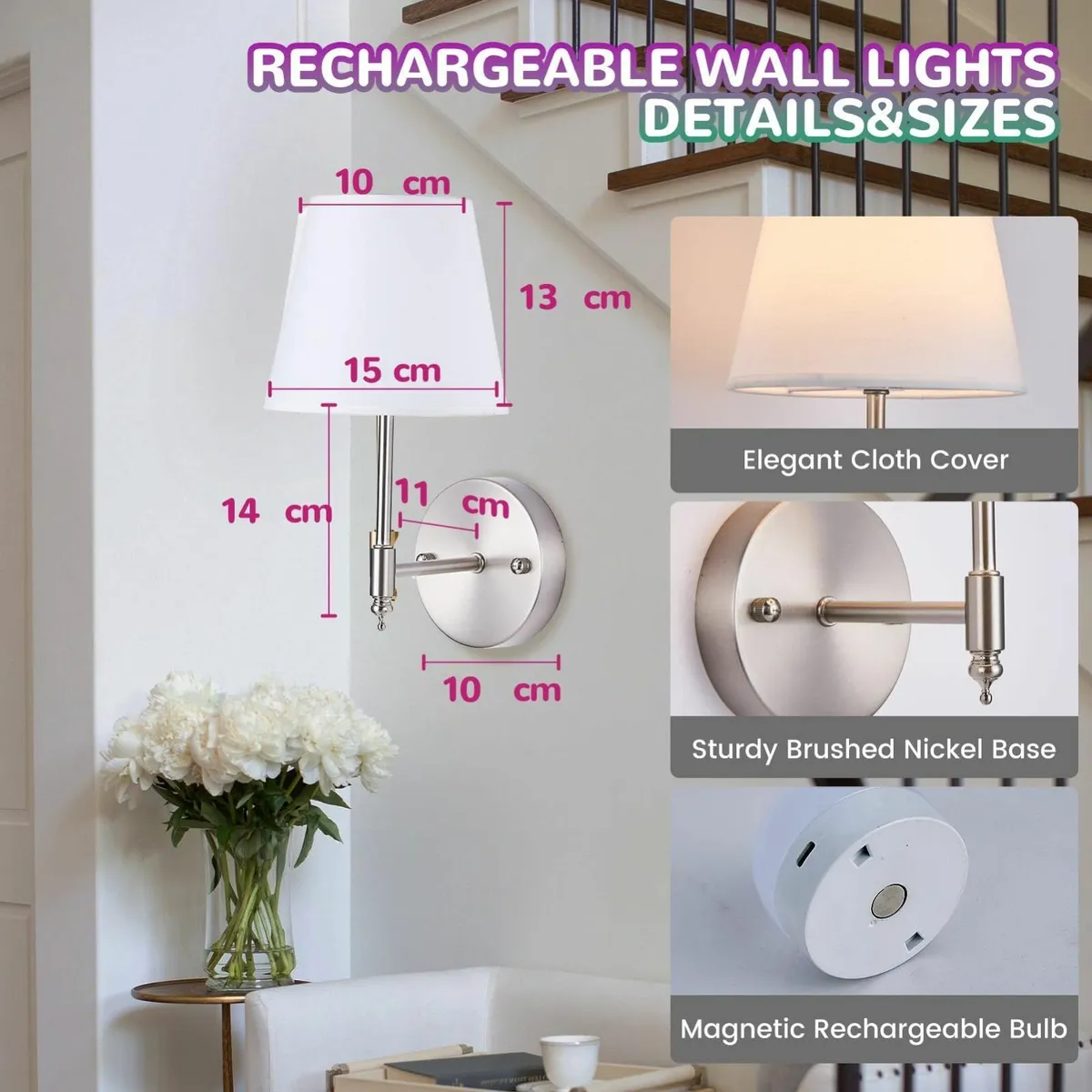 Battery Operated Wall Sconce Set of 2 Brushed - Image 4