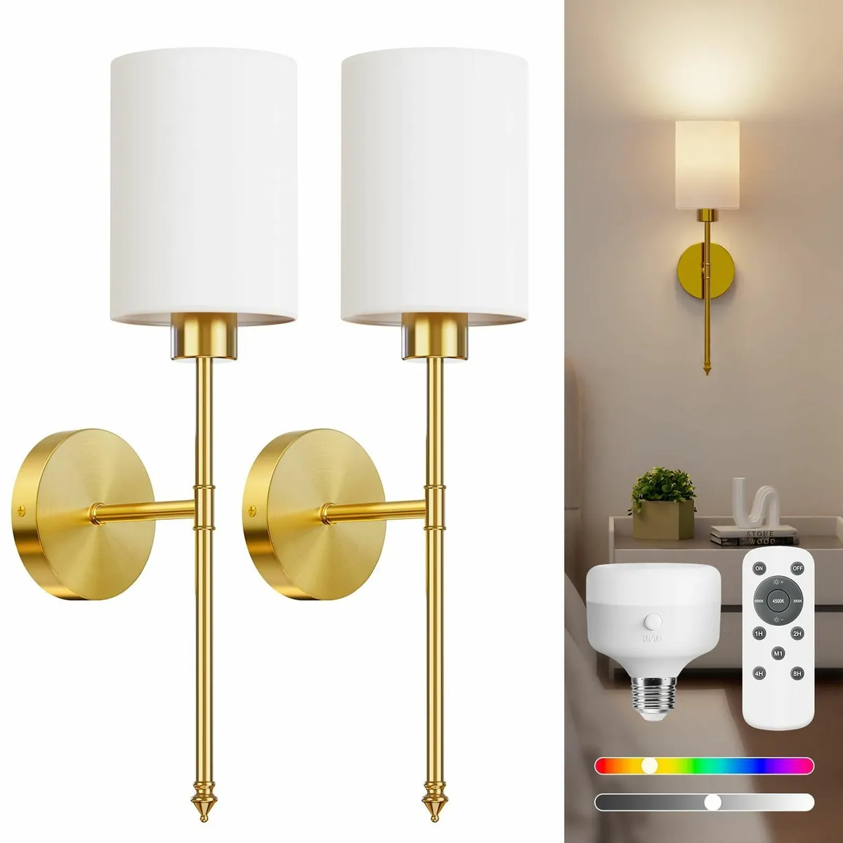 Battery Operated Wall Lights Gold Wireless - Image 1