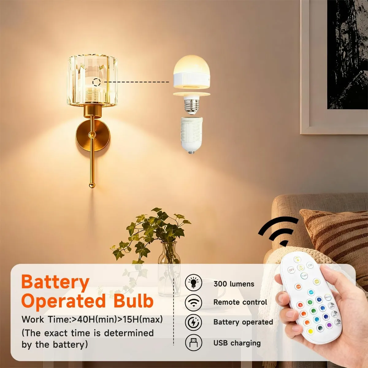 Battery Operated Wall Sconce Set of Two Crystal - Image 2