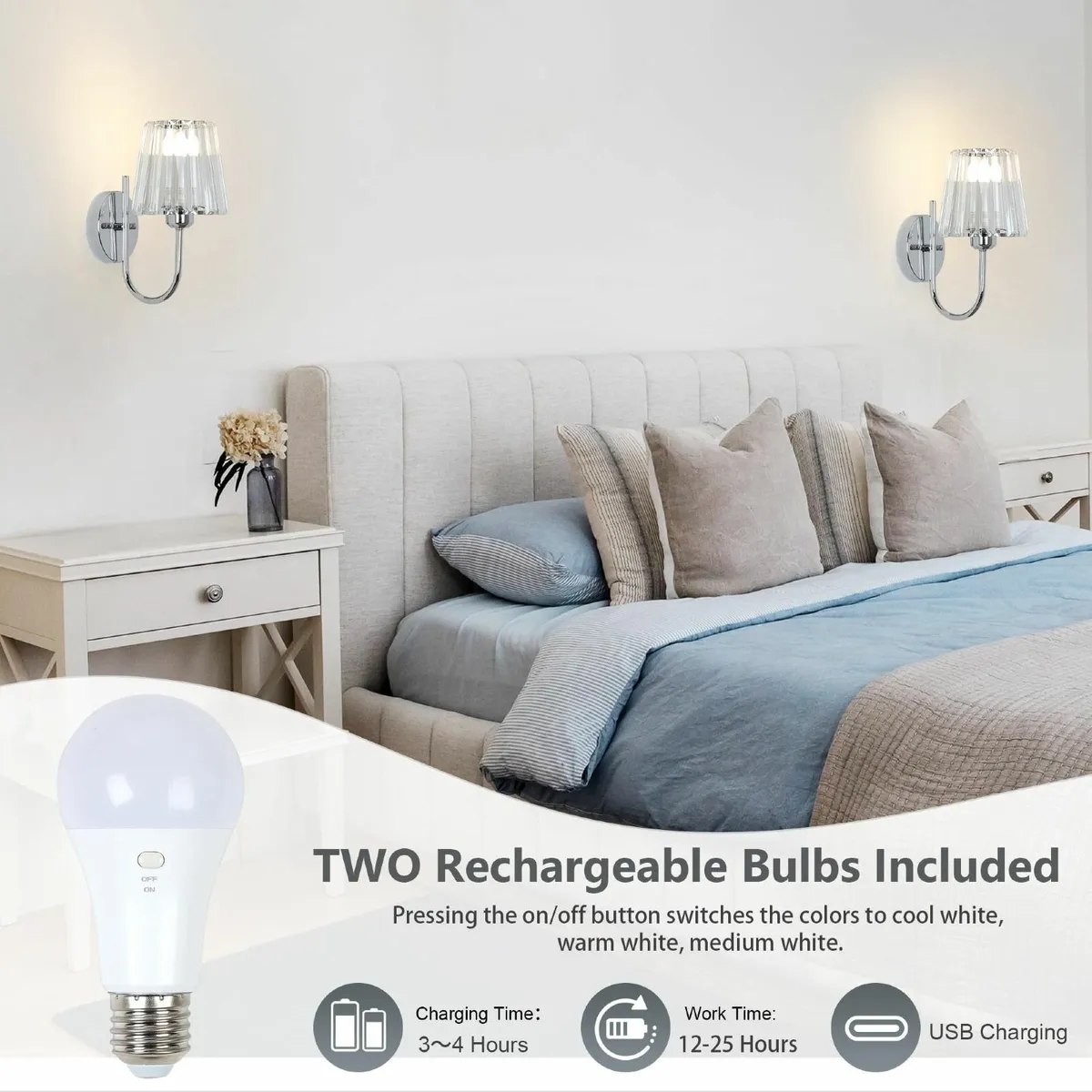 Rechargeable Wall Lights Set of 2 Battery - Image 3