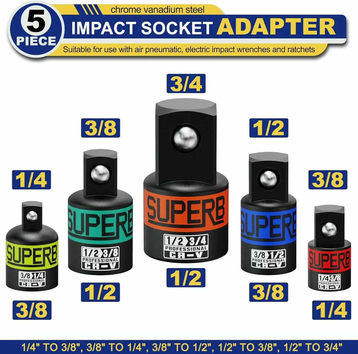 5-Piece Impact Socket Adapter Set - 1/4" to 3/8",
