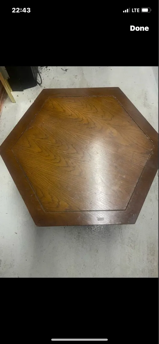 Hexagon antique table and storage - Image 1