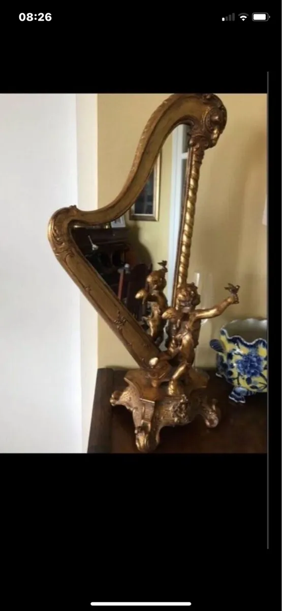 Antique Harp Shaped Tabletop Mirror - Image 2