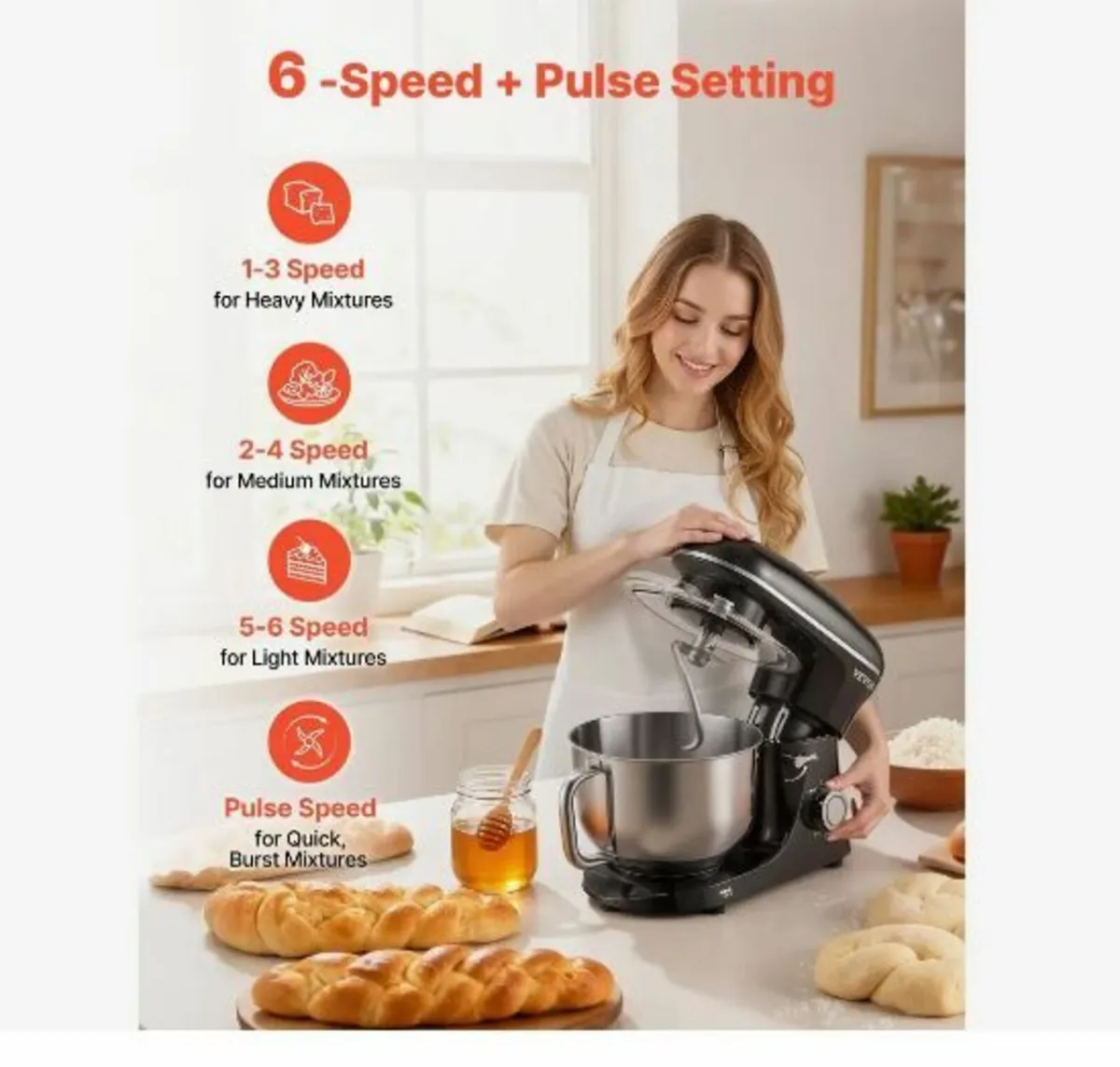 Stand Mixer, 6 QT Dough Mixer, 1400W - Image 2