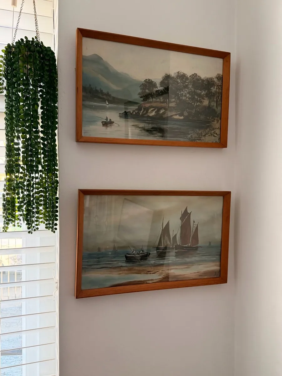 Vintage Teak Framed Paintings - Image 1
