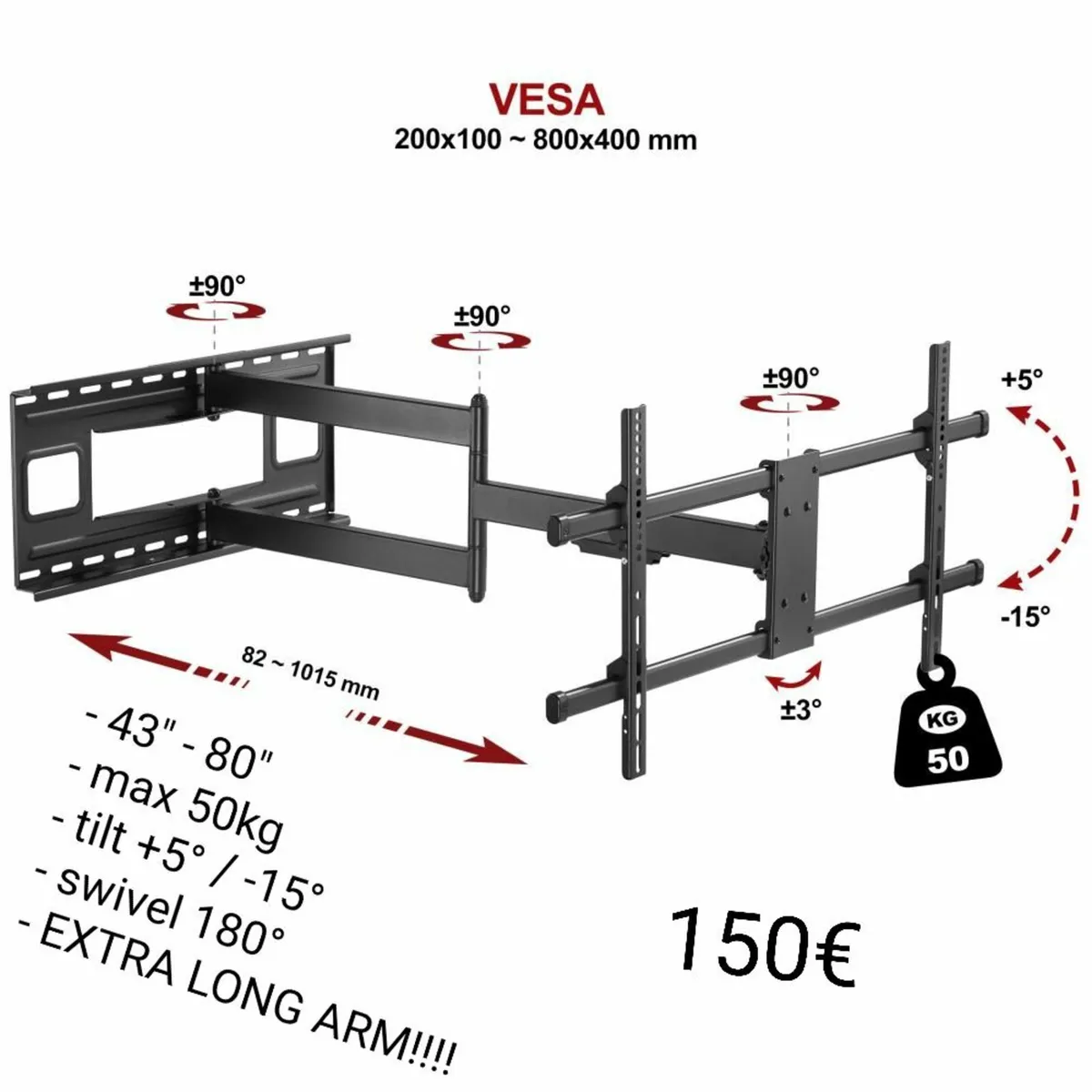 Tv Wall Mount Bracket Tilt Swivel Long Arm 43-80" - Image 1