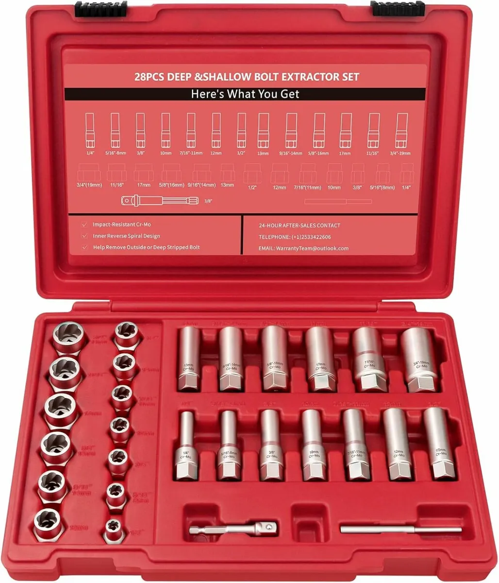 28Pcs Deep Bolt Extractor Set, with 3/8" Drive, Ez
