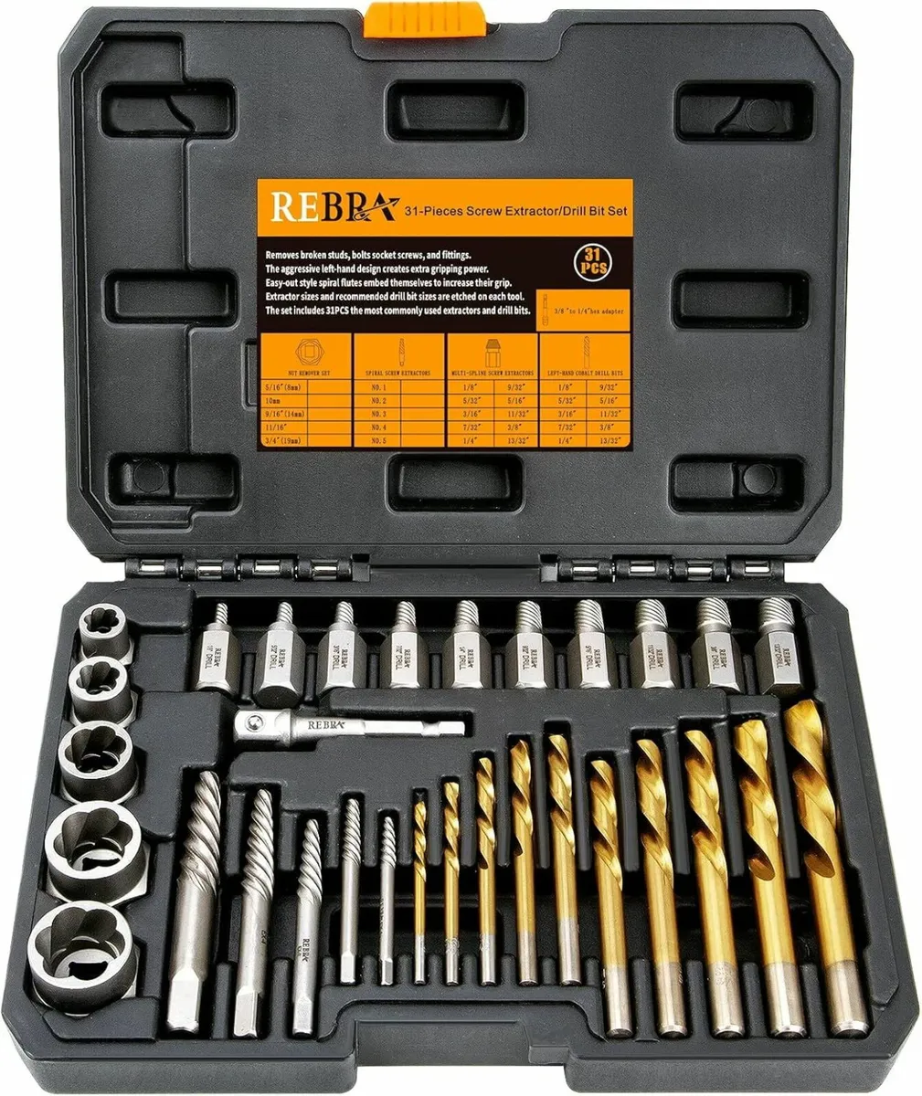 31-Pieces Screw Extractor Set, 37# Cr-Mo & 6542 HS