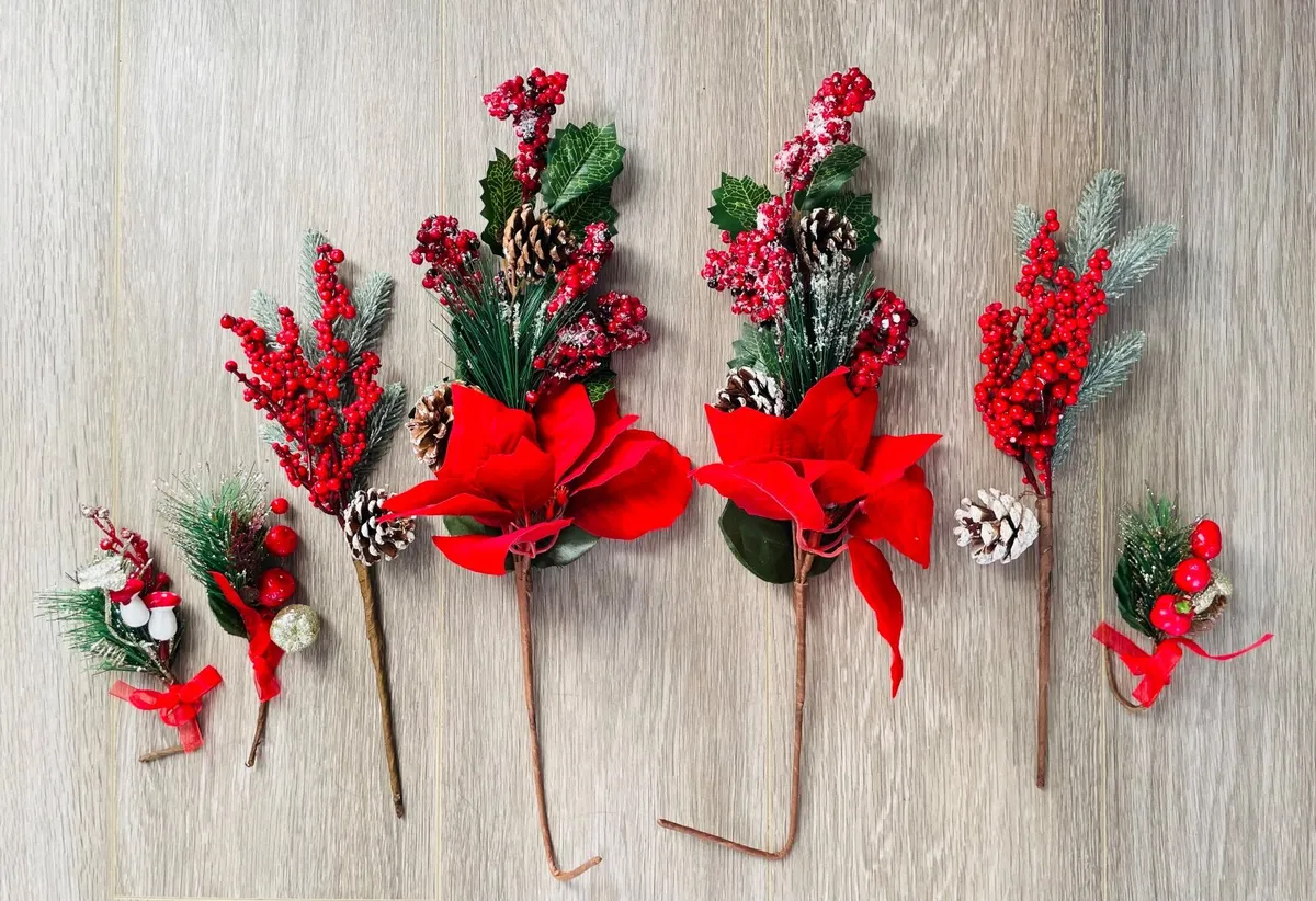 Collection of artificial red poinsettia and berry - Image 3