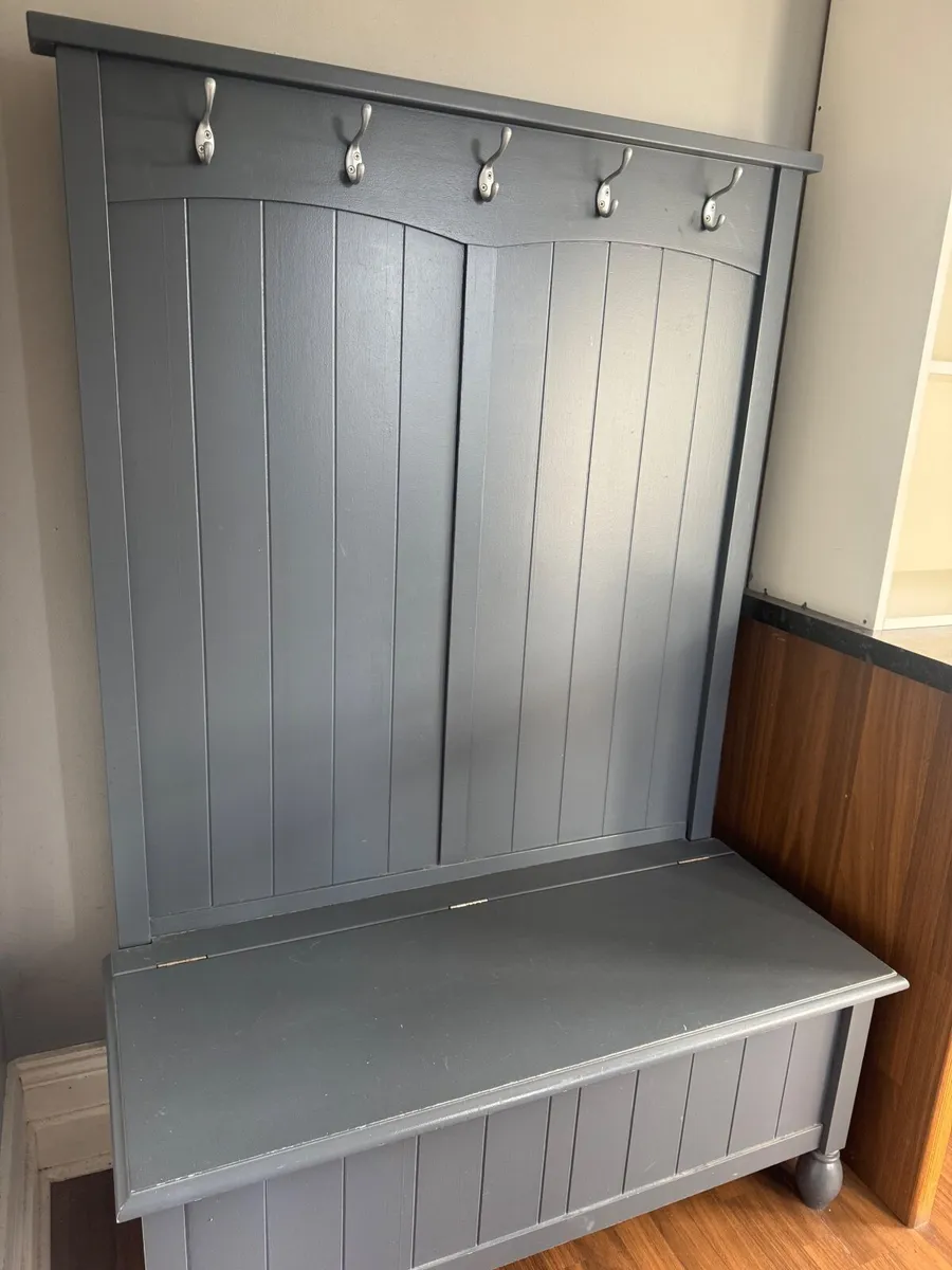Grey Hallway Bench with Storage & Coat Hooks - Image 1