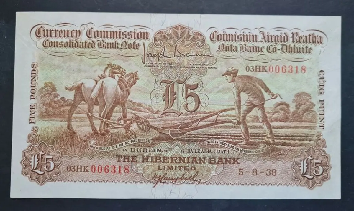 Ireland 1938 Currency Commission 5 Pound Hibernian Bank Limited Ploughman - Image 1