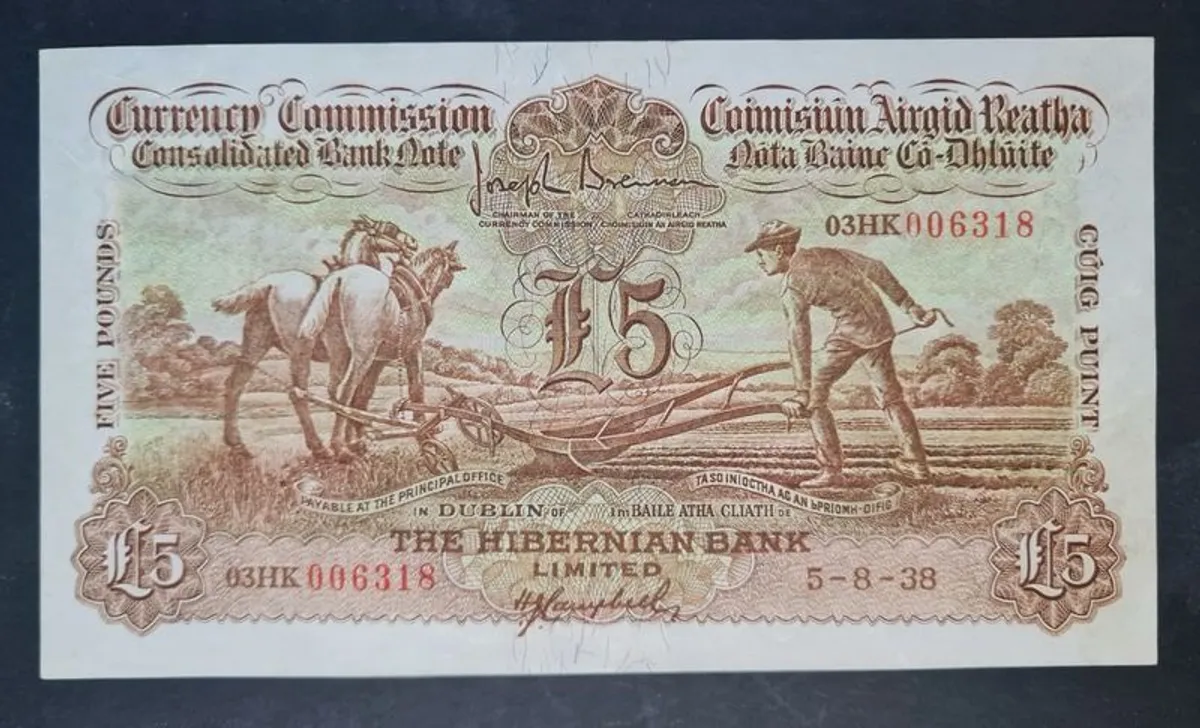 Ireland 1938 Currency Commission 5 Pound Hibernian Bank Limited Ploughman - Image 2