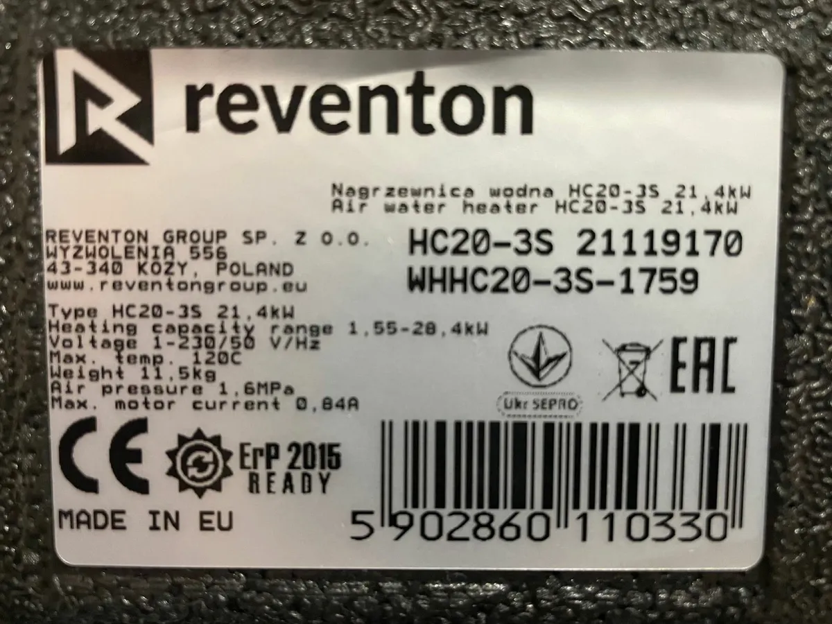 Hot water air heater Reventon HC20-3S 21.4kW 230V - Image 1