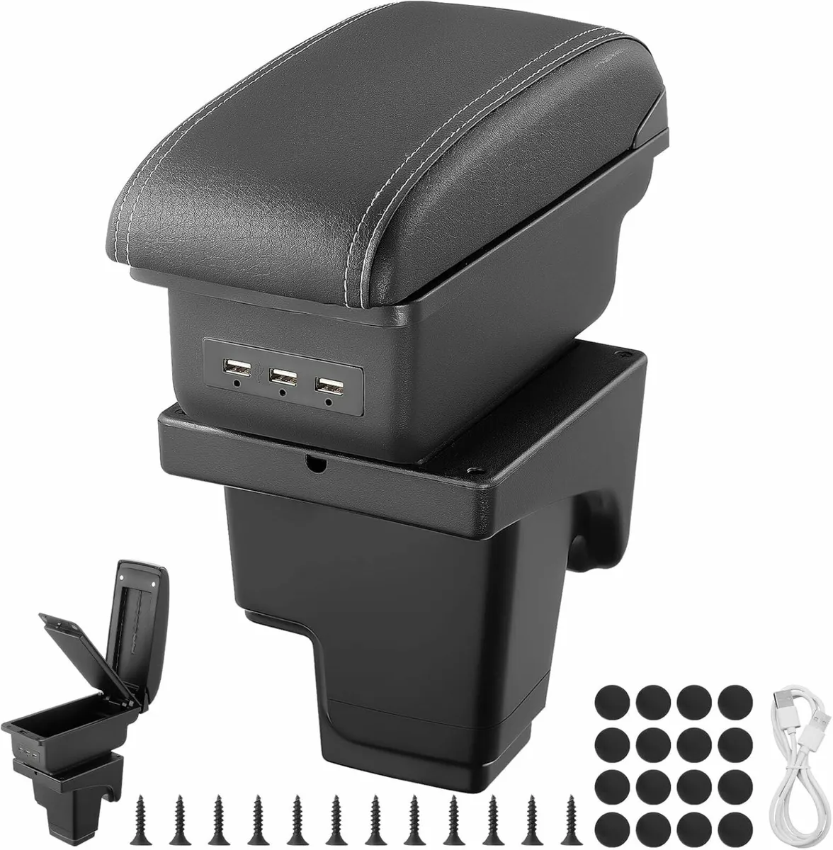 Car Armrest Storage Box with 3 USB Charging Ports