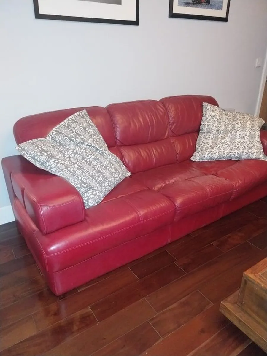 2 Red Leather Sofas - Image 1