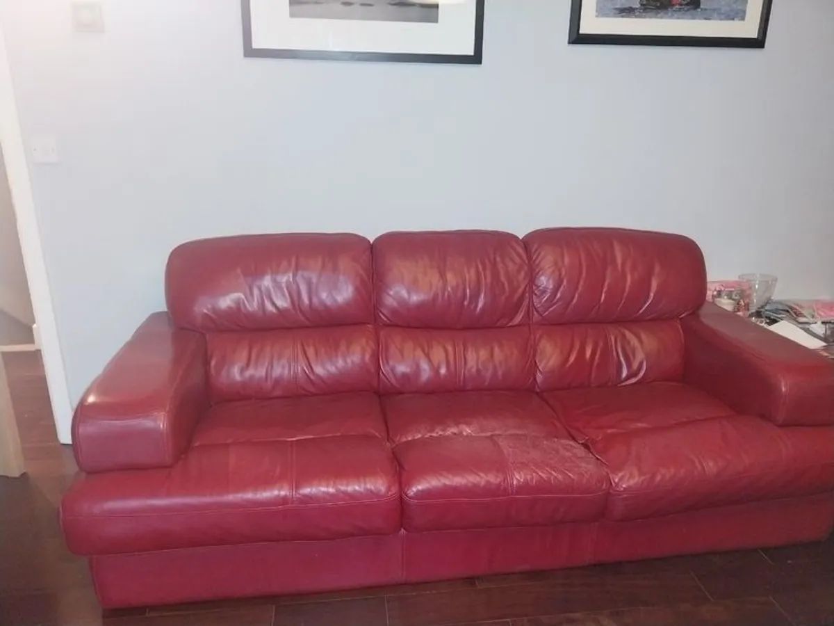 2 Red Leather Sofas - Image 3