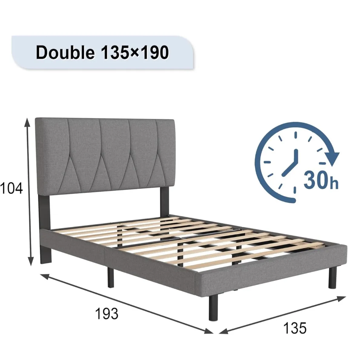 Double Bed Frame, Light Grey, Upholstered Wooden S - Image 2