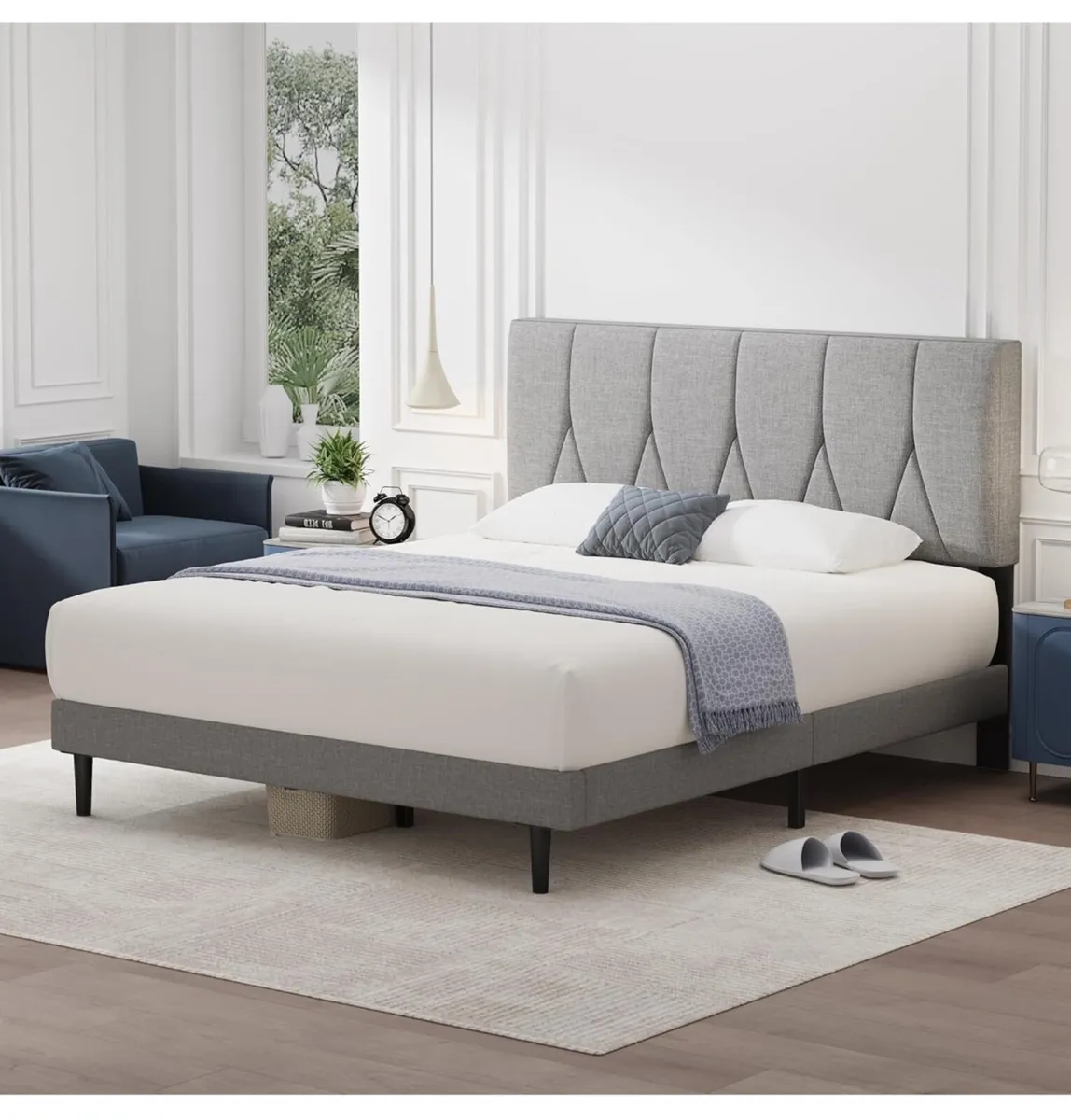 Double Bed Frame, Light Grey, Upholstered Wooden S - Image 1