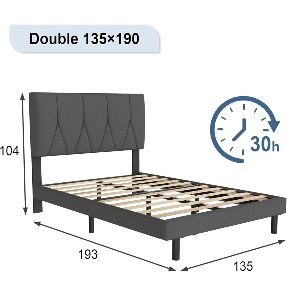 Double Bed Frame, Dark Grey, Upholstered Wooden Sl - Image 2