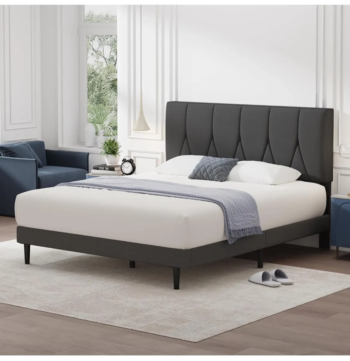 Double Bed Frame, Dark Grey, Upholstered Wooden Sl - Image 1