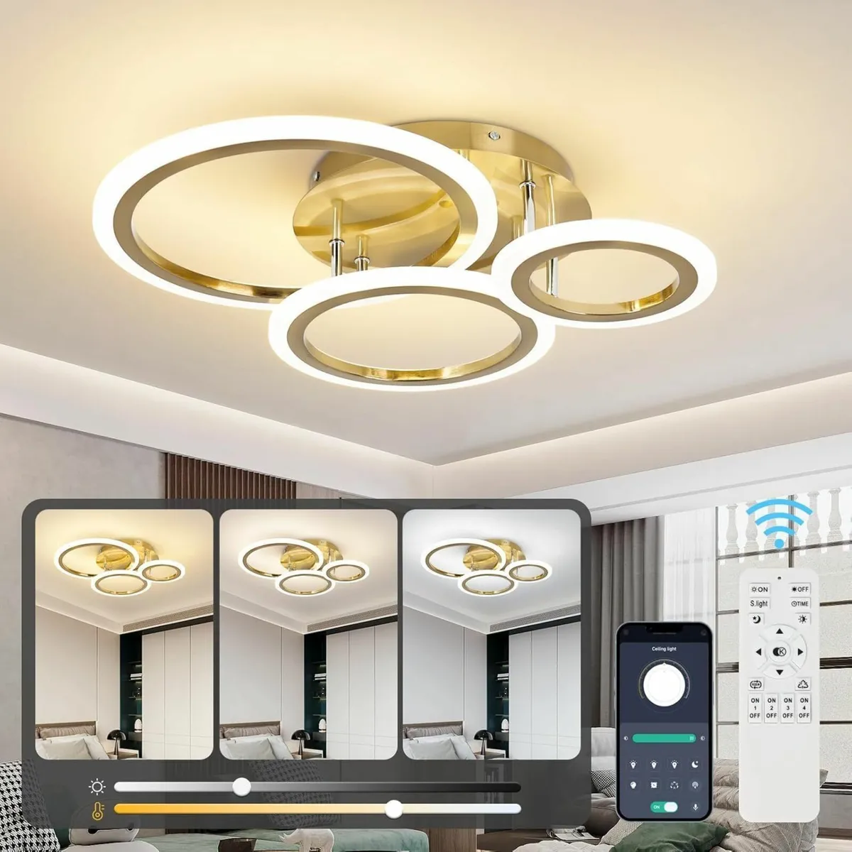 Modern Led Dimmable Ceiling Light 3 Circle Gold - Image 1