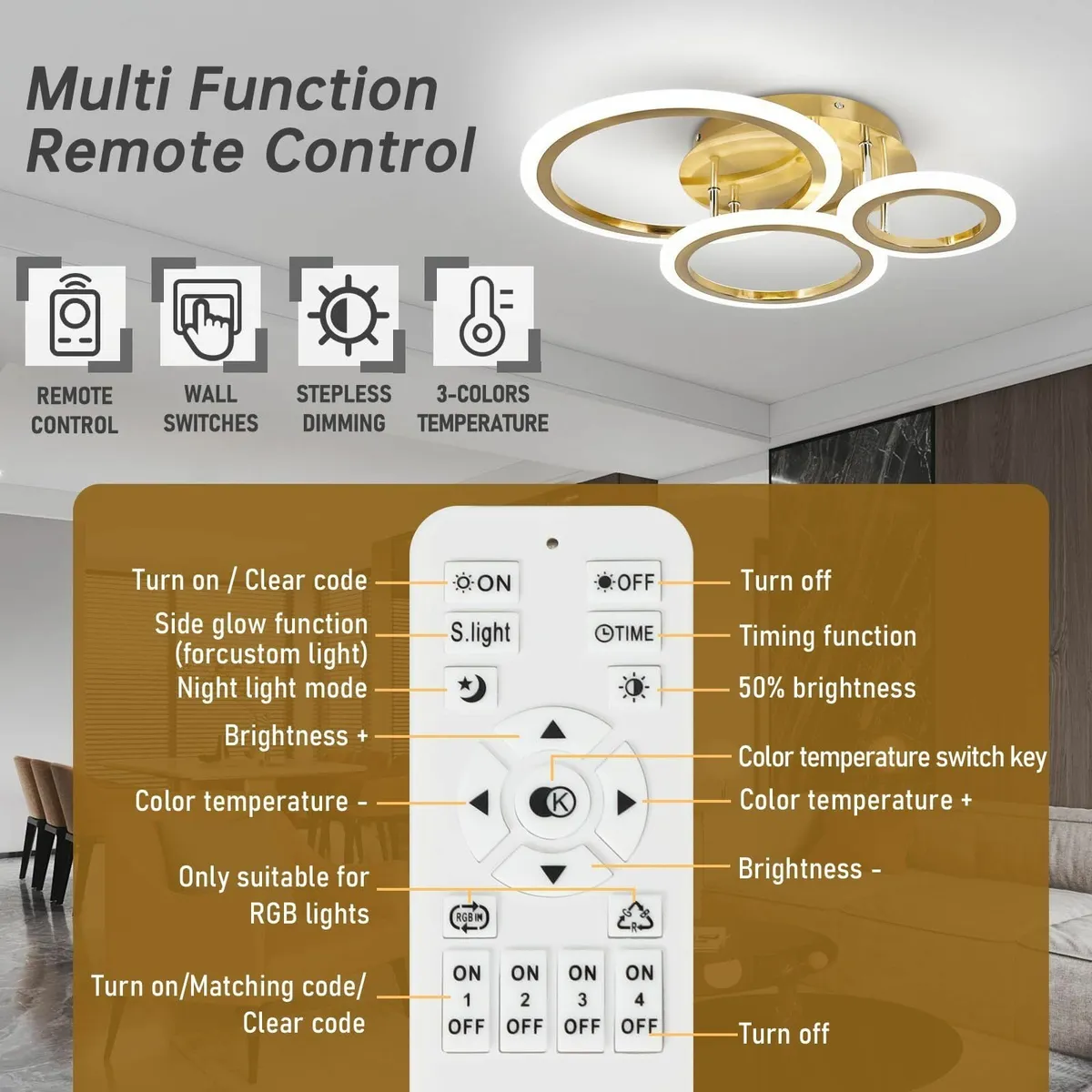 Modern Led Dimmable Ceiling Light 3 Circle Gold - Image 4