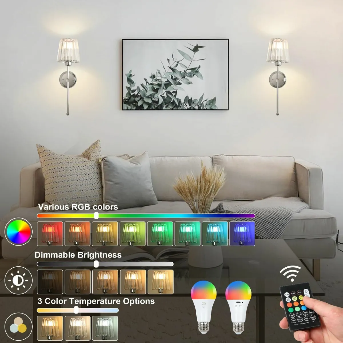 Battery Operated Wall Lights Set of 2 Rechargeable - Image 2